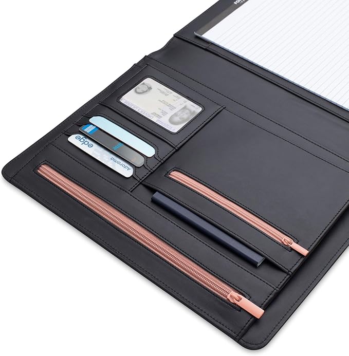 FOREVERMORE PORTFOLIOS Padfolio Binder Organizer for Women | Faux Leather Portfolio Folder for Resume, Documents, Notebook, Tablet and Business Cards | Notepad Included - Black