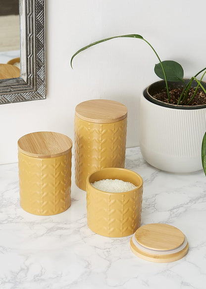 DII Kitchen Accessories Collection, Textured Matte Ceramic Canister Set, Honey Gold, Vine, 3 Piece