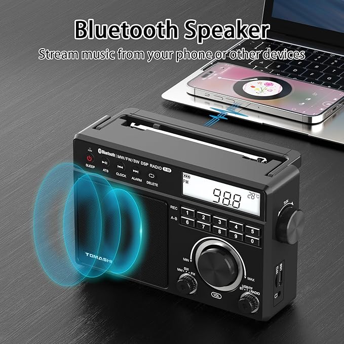 Portable Shortwave MW FM Radio with Bluetooth, ATS Tuning, Clock & Alarm, Recording, MP3/WMA Playback via USB/SD Card, Battery Operated Radio with LCD Display