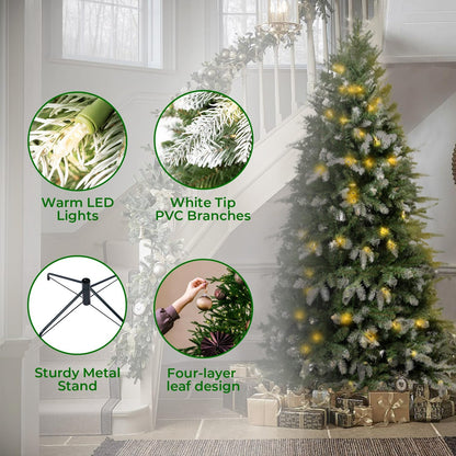 Naomi Home 7.5ft White Tip Christmas Tree with Lights, Realistic Light Snow Flocked Fir Prelit with 1746 Branch Tips, 550 Warm Lights and Metal Stand, Aritificial Tree