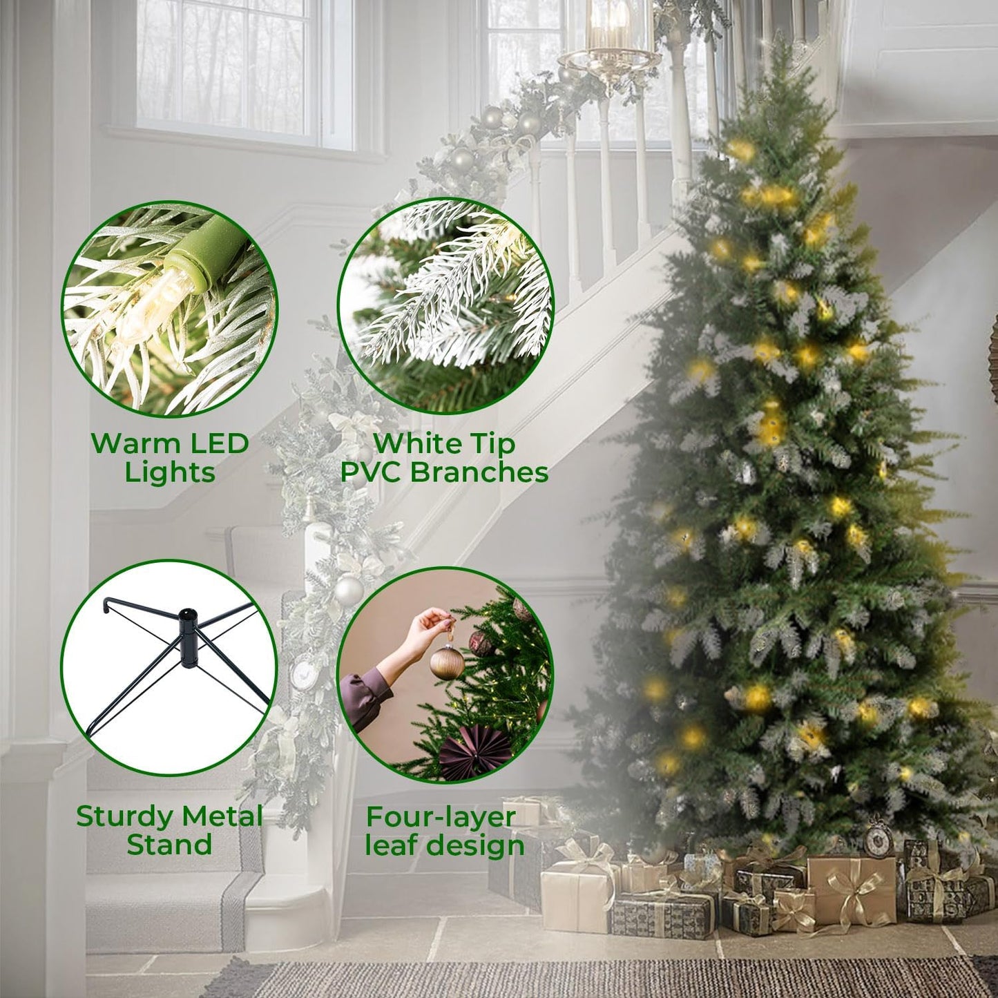 Naomi Home 4.5ft White Tip Christmas Tree with Lights, Realistic Light Snow Flocked Fir Prelit with 679 Branch Tips, 200 Warm Lights and Metal Stand, Aritificial Tree