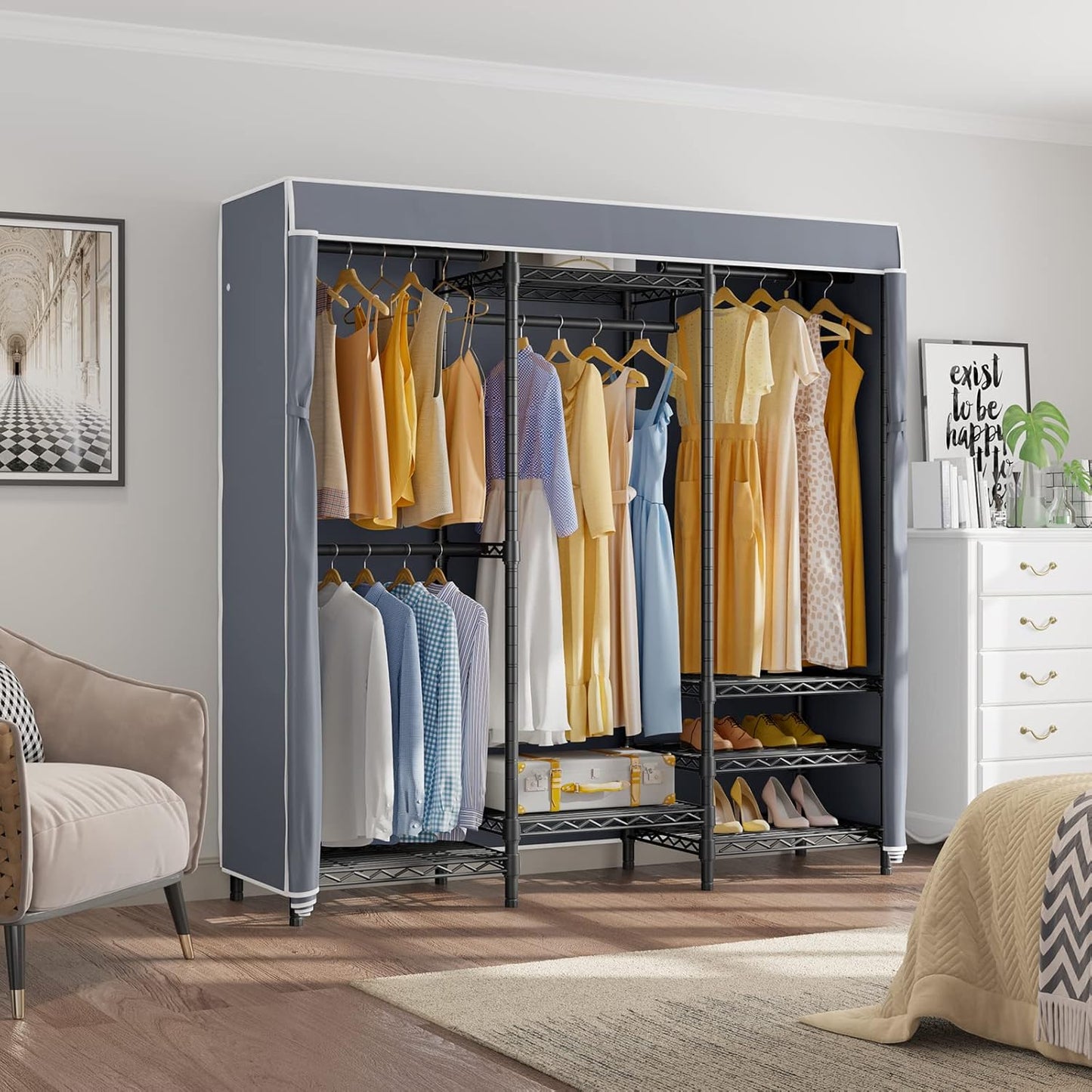 VIPEK V5C Covered Clothes Rack Heavy Duty Portable Closet Wardrobe, Freestanding Black Metal Clothing Rack with Grey Oxford Fabric Cover, Adjustable Custom Closet Rack, 57.9" Lx17.3 Wx76.4 H (Medium)