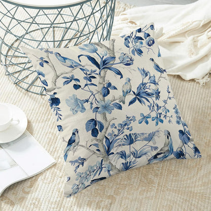 CXMEIFLY Navy Blue Spring Floral Pillow Covers 18 x 18 Inch Set of 2 for Chinoiserie Flowers Bird Decor Throw Pillows Vintage Plant Outdoor Decorative Cushion Cases for Couch Bed Decorations