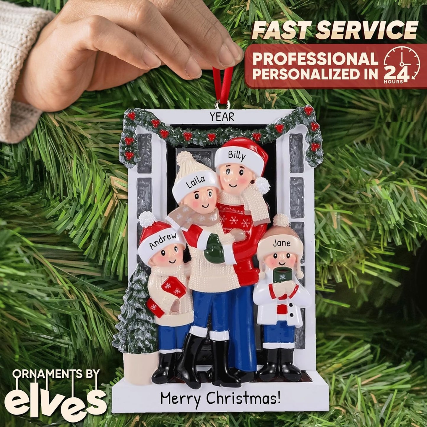 Personalized Family Christmas Ornaments 2025 | Custom Name & Year | 4 Person Cozy Winter Scene with Mom, Dad, 2 Kids by Tree | Customized Unique Ornament Keepsake Gifts to Personalize Xmas Decoration