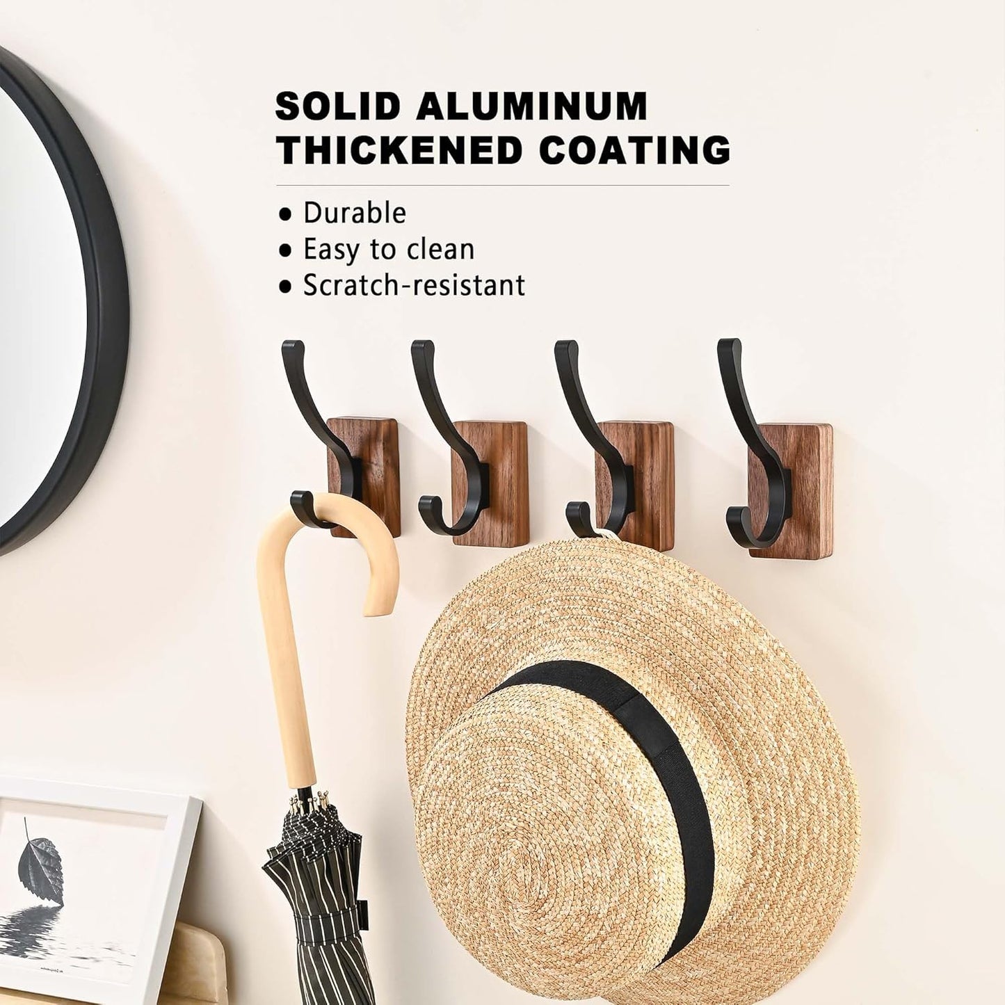 4 Pack Wooden Wall Hooks for Hanging, Adhesive Mounted & Wall Mount Nature Wood Coat Hooks for Towel Clothes Blanket Hat Backpack Robe Nursery Door Board Entryway Key Holder