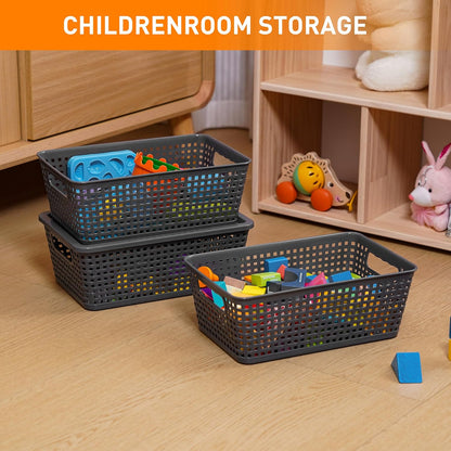 Plastic Storage Baskets With Lid, Storage Bins for Organizing, Stackable Decorative Containers for Shelves Drawers Desktop Closet Playroom Classroom Office,10 Pack-Grey