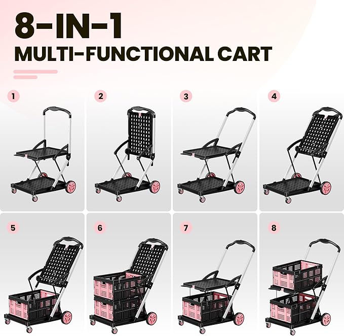 Collapsible Shopping Cart, 8-in-1 200LBS Multi Functional Utility Cart with 2 Storage Crate,Adjustable Handle Grocery Cart on Wheels for Shopping/Warehouse/Office/Supermarket