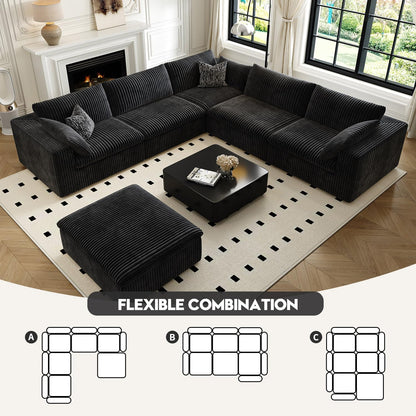 118" Cloud Couch Oversized Modular Sectional Sofa for Living Room,Modern Sofa with Deep Seat，6 Seater Boneless Couch,Comfy Upholstered Corduroy Couches for Apartment, Studio, Office,Bedroom，Black