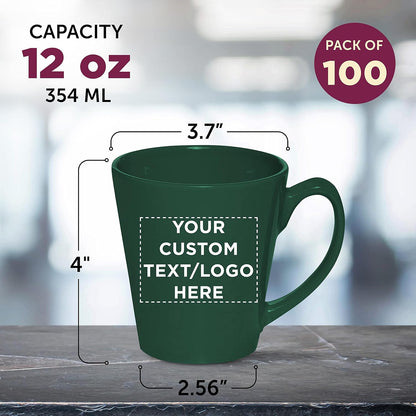 DISCOUNT PROMOS Custom Glossy Ceramic Latte Coffee Mug 12 oz. Set of 100, Personalized Bulk Pack - Perfect for Tea, Espresso, Cappuccino, Hot Cocoa - Green