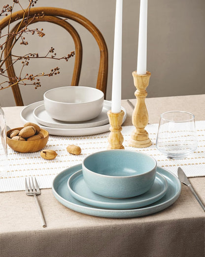 Famiware Milkyway Plates and Bowls Sets, 12 Pieces Dinnerware Sets, Reactive Glaze Dish Set, Stoneware Dishes Set for 4, Matte White & Light Blue