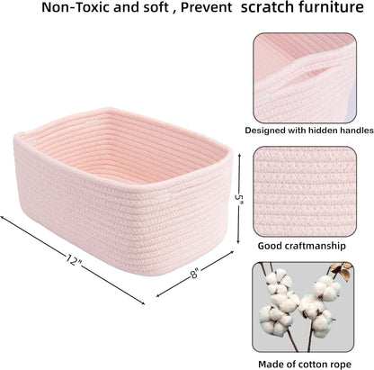Small Woven Storage Baskets 12“X8”X5“ Decorative Rope Bins for Organizing Shelves, Closets, and Toys, Empty Gift Baskets, Cute Organizer Basket for Home and Office (pink, regular)