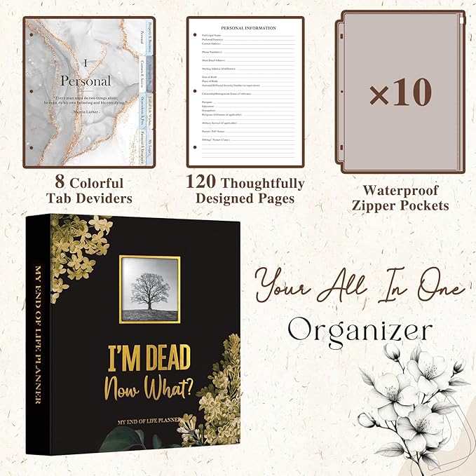 Lanpn End of Life Binder Organizer Death Planner 8.5"x11", Final Wishes & Estate Document Folder with 8 Dividers & 10 Letter Size Binder Pockets, I'm Dead, Now What Life Plan Book When I Die Journal