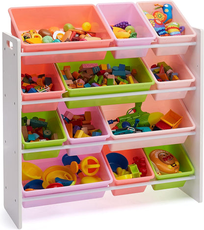Amazon Basics Kids Toy Storage Organizer With 12 Plastic Bins, White Wood With Pink Bins, 10.9" D x 33.6" W x 31.1" H