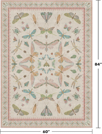Light Pink Nursery Rug for Baby, Cute 5x7 Area Rugs for Girls Bedroom, Kids Room, Playroom, Whimsical Insect Butterfly Animal Print Decor, Washable & Ultra Soft & Stain Resistant
