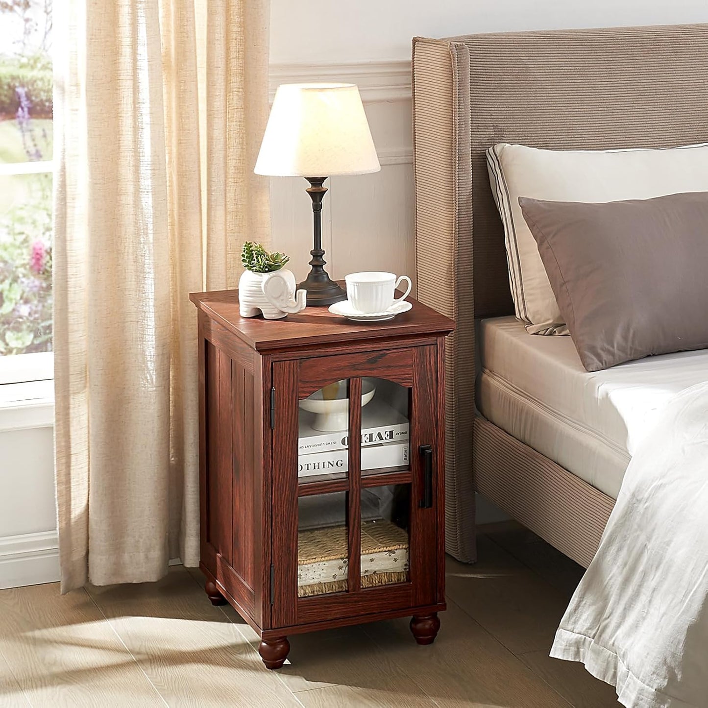 Narrow Side Table,Farmhouse Nightstand with Charging Station,Wood End Table with Glass Barn Door Storage, Cabinet Organizer with Adjustable Shelf, Night Stand for Small Spaces for Living Room Bedroom