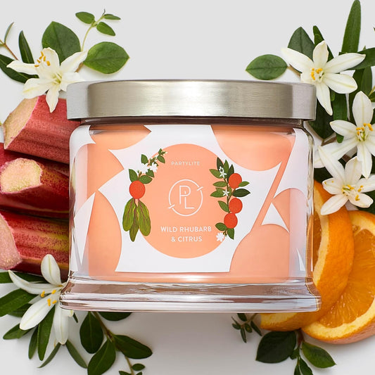 PartyLite Wild Rhubarb & Citrus Scented, Notes of Jasmine, Rhubarb and Creamy Sandalwood and White Musk, 13.2oz 3-Wick Jar Candle, 45 Hour Burn Time, Luxurious Fragrance, Ideal for Gifting