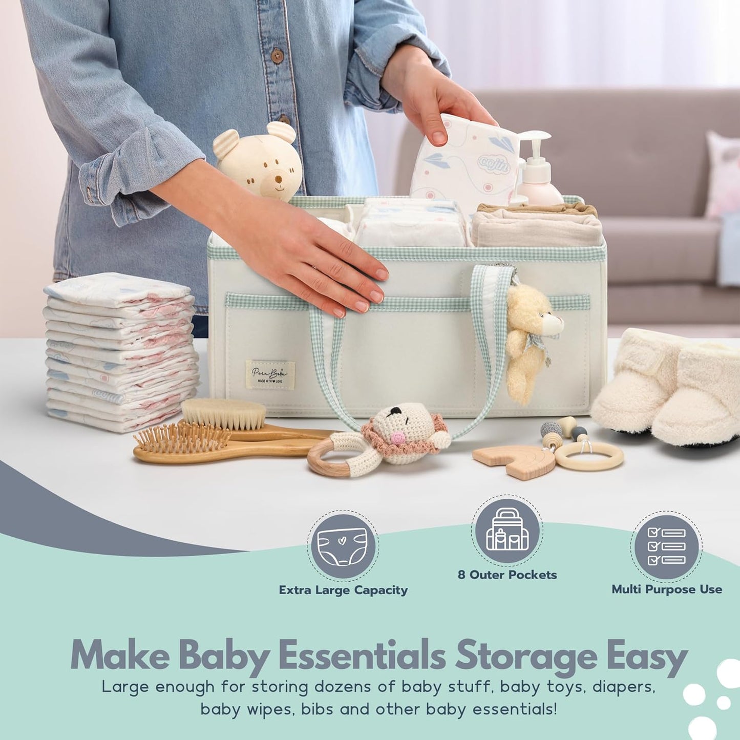 PeraBella XL Diaper Caddy Organizer With Handle, Baby Shower Gifts Basket Bag, Registry Search Must Haves Items, Newborn Girl Boy Nursery Storage Organizer, Baby Bag Essentials, Car Diaper Caddy Cart