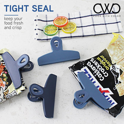 COOK WITH COLOR Bag Clips - Heavy Duty Chip and Refrigerator Magnet Clips for Food Storage with Air Tight Seal Grip, Denim, Pack of 4 Large