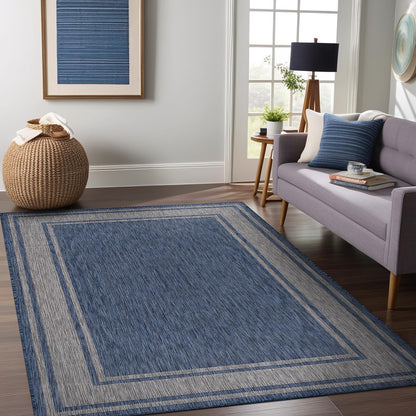 Beverly Rug Large Outdoor Rug 10x14 Modern Bordered Area Rugs for Indoor and Outdoor Patio Deck Porch Garden Waterproof Weather Sun Resistant Washable Outside Carpet (10 x 14 Navy)