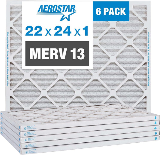 Aerostar 22x24x1 MERV 13 Pleated Air Filter, AC Furnace Air Filter, 6 Pack (Actual Size: 21 7/8" x 23 7/8" x 3/4")