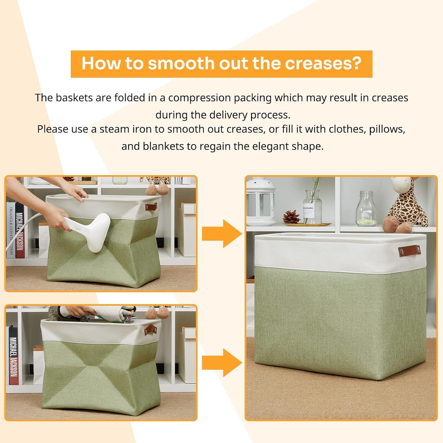 DULLEMELO Large Storage Basket 17"x12"x15", Fabric Storage Organizer Basket for Storage Clothes, Large Fabric Bin for Organizing Book, Storage Bin with Handles for Storage Toy (White&Green)