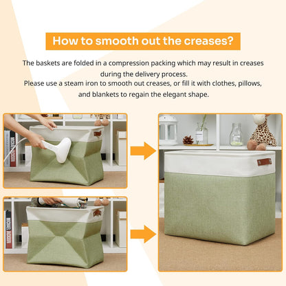 DULLEMELO Large Storage Basket 17"x12"x15", Fabric Storage Organizer Basket for Storage Clothes, Large Fabric Bin for Organizing Book, Storage Bin with Handles for Storage Toy (White&Green)