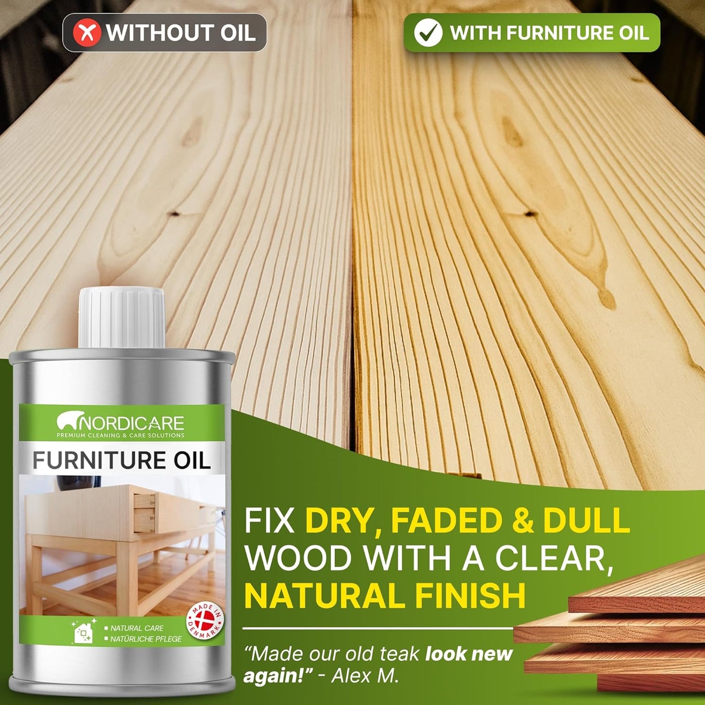 Nordicare Wood Oil Colorless - Premium Walnut Oil, Teak Oil, Wood Oil Furniture for Oak, Beech, Teak, Walnut, Pine, Larch - Natural Furniture Wood Oil - Made in Denmark - for Indoor Use (34 oz)