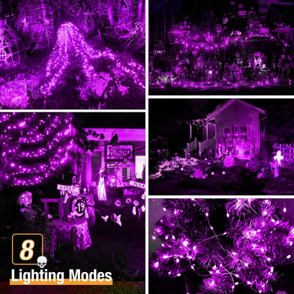 2 Pack Solar String Lights Outdoor - 160LED 66FT Halloween Solar Fairy Lights Outside Waterproof, 8 Modes Purple Solar Powered Twinkle Lighting Decorations for Tree Garden Yard Spooky Patio Party
