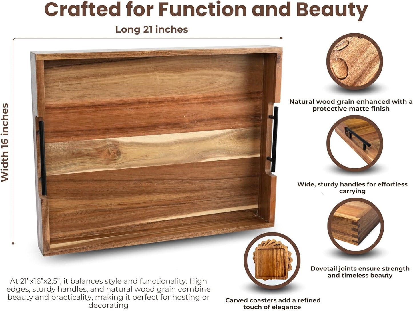 Acacia Wooden Ottoman Tray for Living Room – 21" Large Coffee Table Serving Tray with Handles & 6 Coasters Set, Perfect for Food, Drinks, Kitchen, and Home Decor