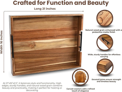 Acacia Wooden Ottoman Tray for Living Room – 21" Large Coffee Table Serving Tray with Handles & 6 Coasters Set, Perfect for Food, Drinks, Kitchen, and Home Decor