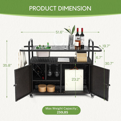 Wicker Outdoor Bar Cart with Ice Bucket, Patio Bar Table with 2 Ratten Doors Cabinet and Casters for Grill, Kitchen and Garden,Black