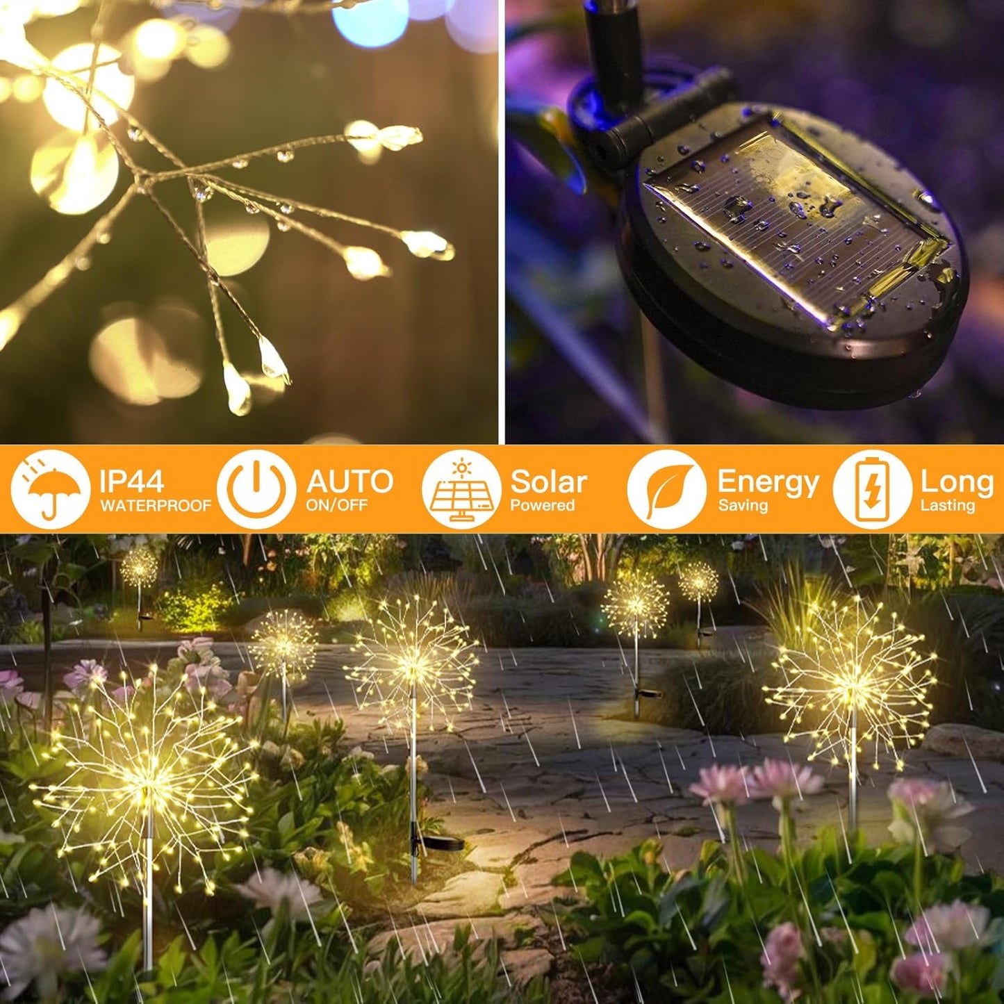 suddus Solar Garden Lights Outdoor Waterproof Decorative, 2Pack 150LED Firework Lights, Solar Fairy Lights for Yard, Garden, Party, Patio, Pathway, Flowerbed - Warm White