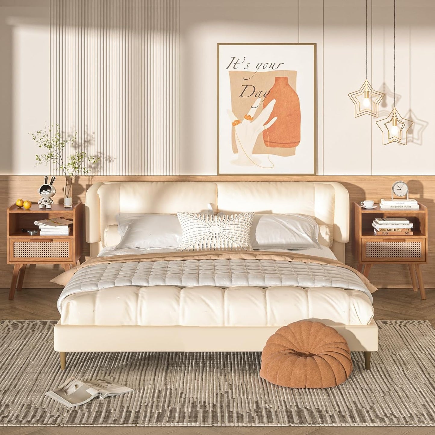 Lerliuo Rattan Nightstand, Side Table with Drawer Open Shelf, Cane Accent Bedside End Table with Solid Wood Legs, Mid Century Modern Night Stand for Bedroom, Dorm and Small Spaces (Tea Brown)