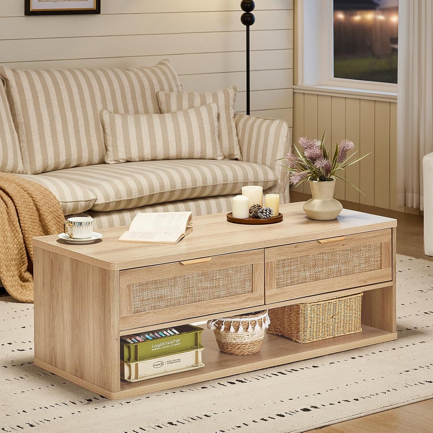 LEYAOYAO Boho Rattan Coffee Table and End Table Sets, 48" Wide Center Tables & 23" Night Stand with 3 Drawers, Natural Wood Coffee Table for Living Room 2 Piece Set