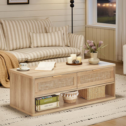 LEYAOYAO Boho Rattan Coffee Table and End Table Sets, 48" Wide Center Tables & 23" Night Stand with 3 Drawers, Natural Wood Coffee Table for Living Room 2 Piece Set