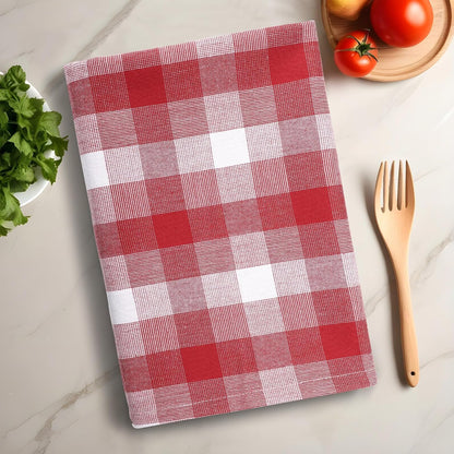 Christmas Kitchen Towels Set of 6 Red/White Checks, Reusable Cotton 20X30 Inches Dish Towel Highly Absorbent Premium Quality Ultra Soft Mitered Corners Kitchen Towels