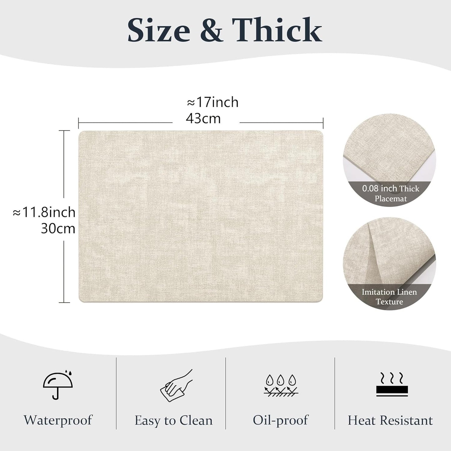 FROMHEART Faux Leather Placemats Set of 8–Waterproof,Heat/Oil Stain-Resistant PU Table Mat–Reversible,Non-Slip,Easy to Clean Place Mats for Kitchen,Dining,Indoor/Outdoor,(Beige,11.8" x 17")