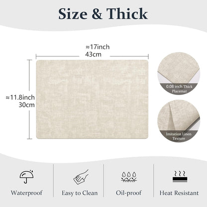 FROMHEART Faux Leather Placemats Set of 8–Waterproof,Heat/Oil Stain-Resistant PU Table Mat–Reversible,Non-Slip,Easy to Clean Place Mats for Kitchen,Dining,Indoor/Outdoor,(Beige,11.8" x 17")