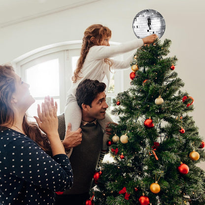 Retisee 6'' Disco Ball Christmas Tree Topper Silver Mirror Xmas Tree Topper 3D Hollow Silver Disco Ball Decor for 70s Holiday Wedding Birthday Party Decorations