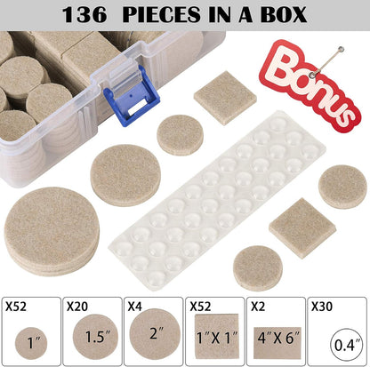 Felt Furniture Pads-136 Pieces Felt Pads for Furniture Beige 5mm Thick, Floor Savers for Furniture Anti Scratch, Best Floor Protectors with Case for Hardwood Floors