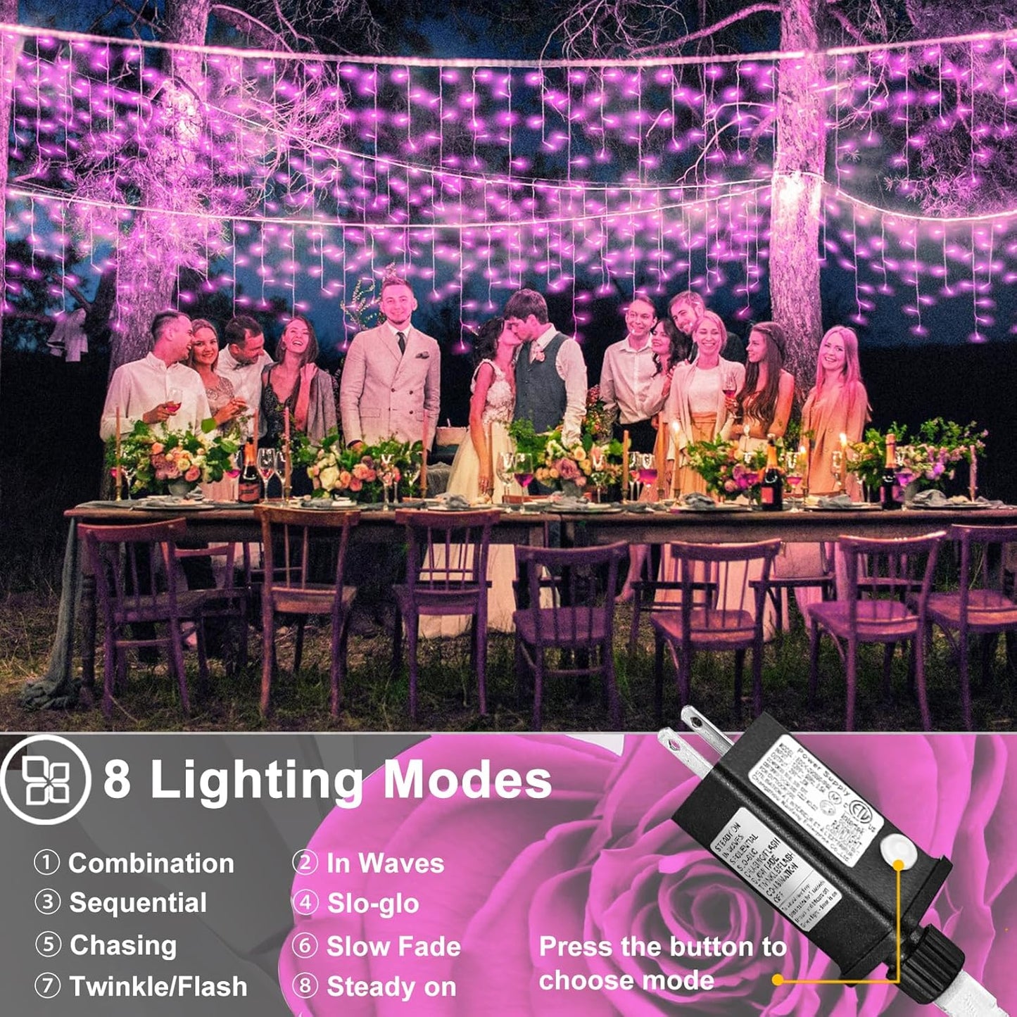 Pink Christmas Lights Outdoor, 33ft 400 LED Icicle Lights for Outside Clear Wire Connectable Twinkle Light with 8 Modes Timer Plug in Waterproof for Window Party Wedding Holiday Patio Tree Decorations