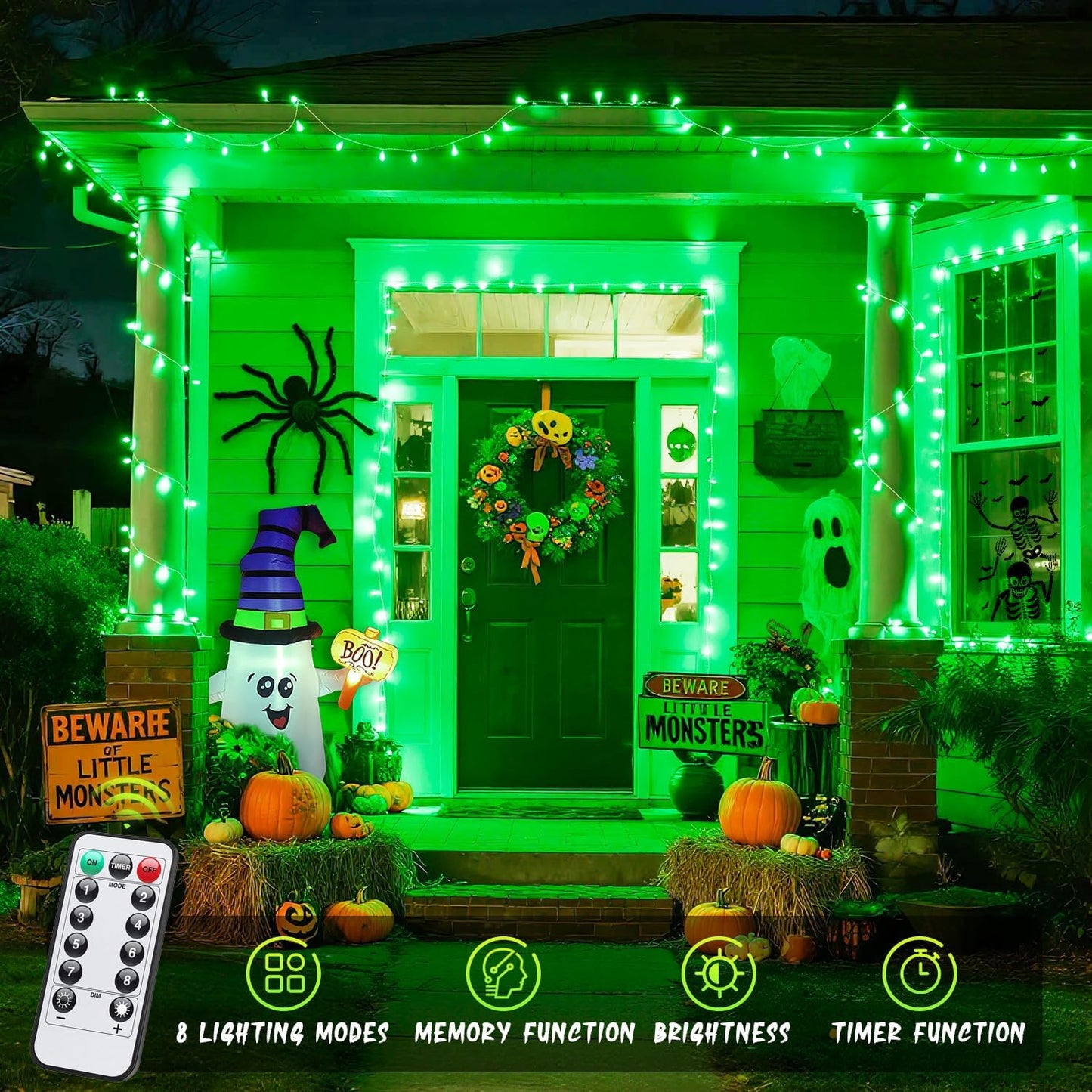 JMEXSUSS 100 LED Green Lights for Halloween Decorations, 33ft Halloween Lights Battery Operated with Remote, Green String Light Indoor Outdoor for Tree House Yard Xmas Decor