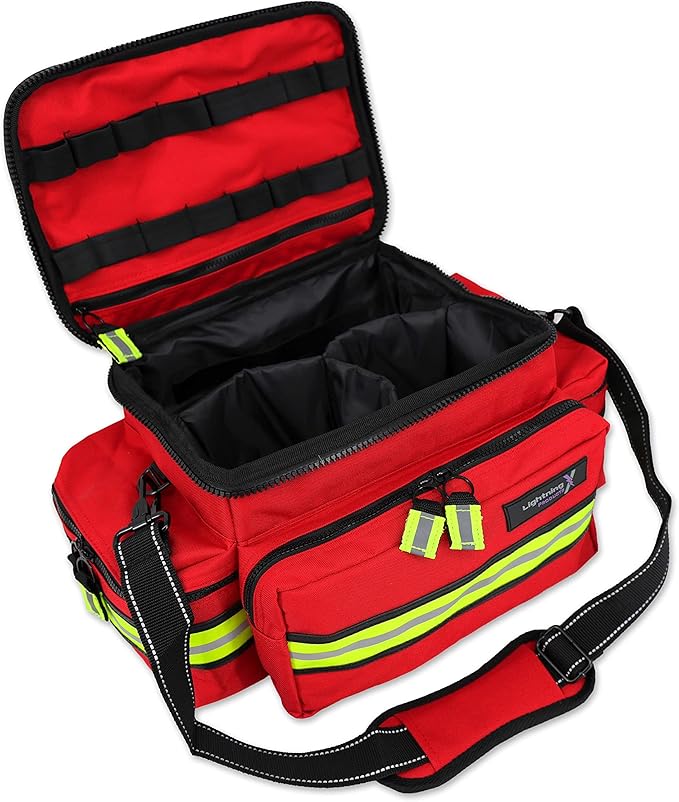 Lightning X Mid-Sized First Responder EMT Bag | LXMB25 | Fully Stocked w/ 240+ First Aid, EMS & Trauma Supplies - RED