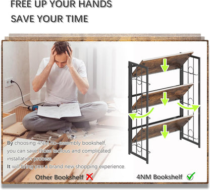 4NM No Assembly 3 Tiers Folding Bookshelf, 35" H Foldable Storage Shelves Vintage Bookcase Standing Racks Study Organizer Home Office - Rustic Brown Black