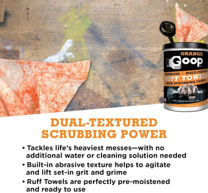 GOOP Heavy Duty Ruff Towels with Scrubbing Power, 10” x 12” Dual Textured Multi-Purpose Cleaning Wipes, Removes Dirt, Grease, Oil - 6 Pack