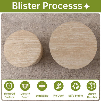 Round Nesting Coffee Table, Drum Wood Coffee Table Set of 2 Travertine-Color, Modern Nesting Tables Circle Center Table 2 Piece for Small Spaces Living Room Bedroom Balcony Office, No Assembling