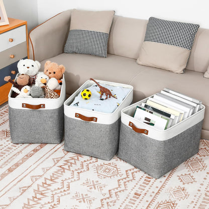 DULLEMELO Large Storage Baskets, Fabric Storage Basket with Leather Handles for Shelves Closet Nursery Toy Storage, Collapsible Fabric Baskets for Toy Book Magazine Towel Organizers(White&Gray)