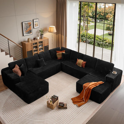 Cloud Sectional Couches for Living Room,G Shaped Modular Sofas No Assembly,135x133 Inches Plush Corduroy Oversized Floor Couch Set with Deep Seat Chaise,Black