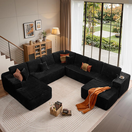 Cloud Sectional Couches for Living Room,G Shaped Modular Sofas No Assembly,135x133 Inches Plush Corduroy Oversized Floor Couch Set with Deep Seat Chaise,Black
