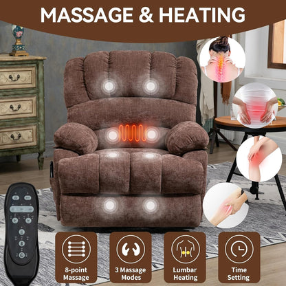 Large Power Lift Recliner Chair with Massage and Heat for Elderly, Ergonomic Backrest, Infinite Adjust, 2 Side Pockets,USB and Type-C Ports, Chenille Brown